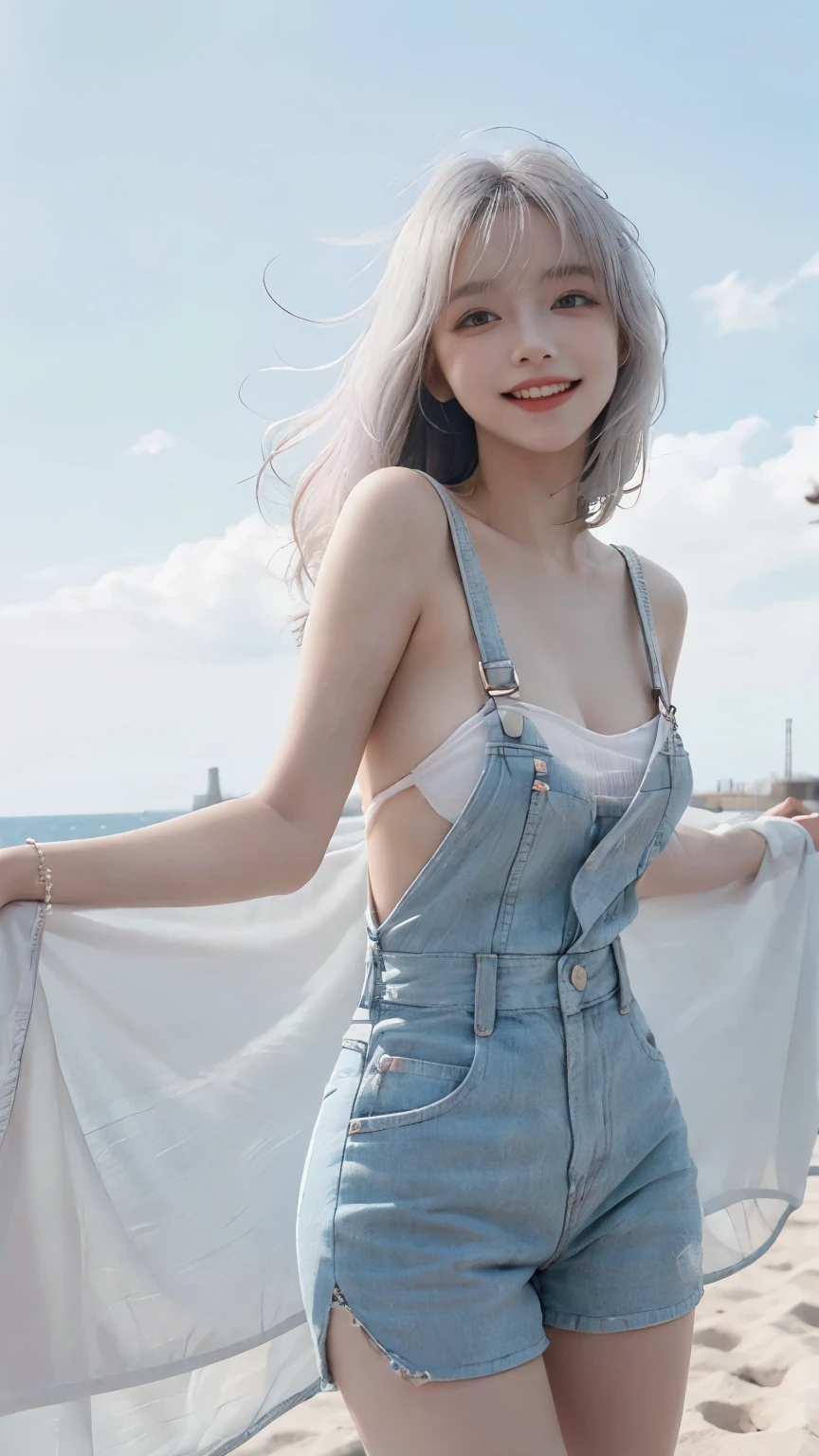 Best image quality、RAW Photos、超A high resolution、21 years old Korean、Small breasts、Dynamic Angle、Cowboy Shot、Chaos in its most beautiful form、elegant、Brutalist Design、Vibrant colors、Beautiful white hair、Short Bob、smile、fun、smile、Glowing White Skin、Beautiful eyes with random colors、Very thin lips、Beautiful eyes in every detail、length, Narrow eyes、Cheeks are pale pink、length eyelashes、Beautiful double eyelids、eye shadow、Bright white hair、Overalls、Sandy Beach、null、Shooting from below at an angle、Low - Angle、The wind is blowing、Hair fluttering