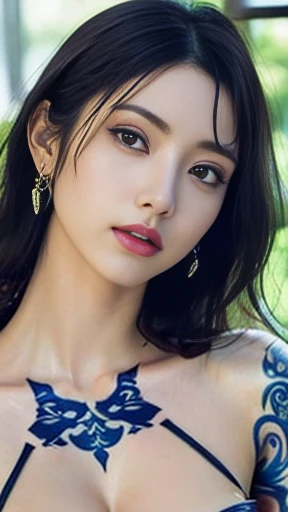 Anime-style woman, thin, thin, whole body, Full of tattoos, Lots of earrings, Beautiful and shiny hair, Rainbow Eyes, Slanted Eyes, Wavy Hair, Kind and charming, shoulderを露出させる, Delicate and sexy collarbone, Attractive oval face, double eyelid, Pink Lips, Small Nose, Concentrated face, Ultra-high resolution, Very detailed, Graceful posture, Nice, ultra-thin, See through, Ultramarine blue see-through latex dress,（arm、shoulder、Tribal chest tattoo pattern），Glowing Skin, Realistic Background, sunlight，