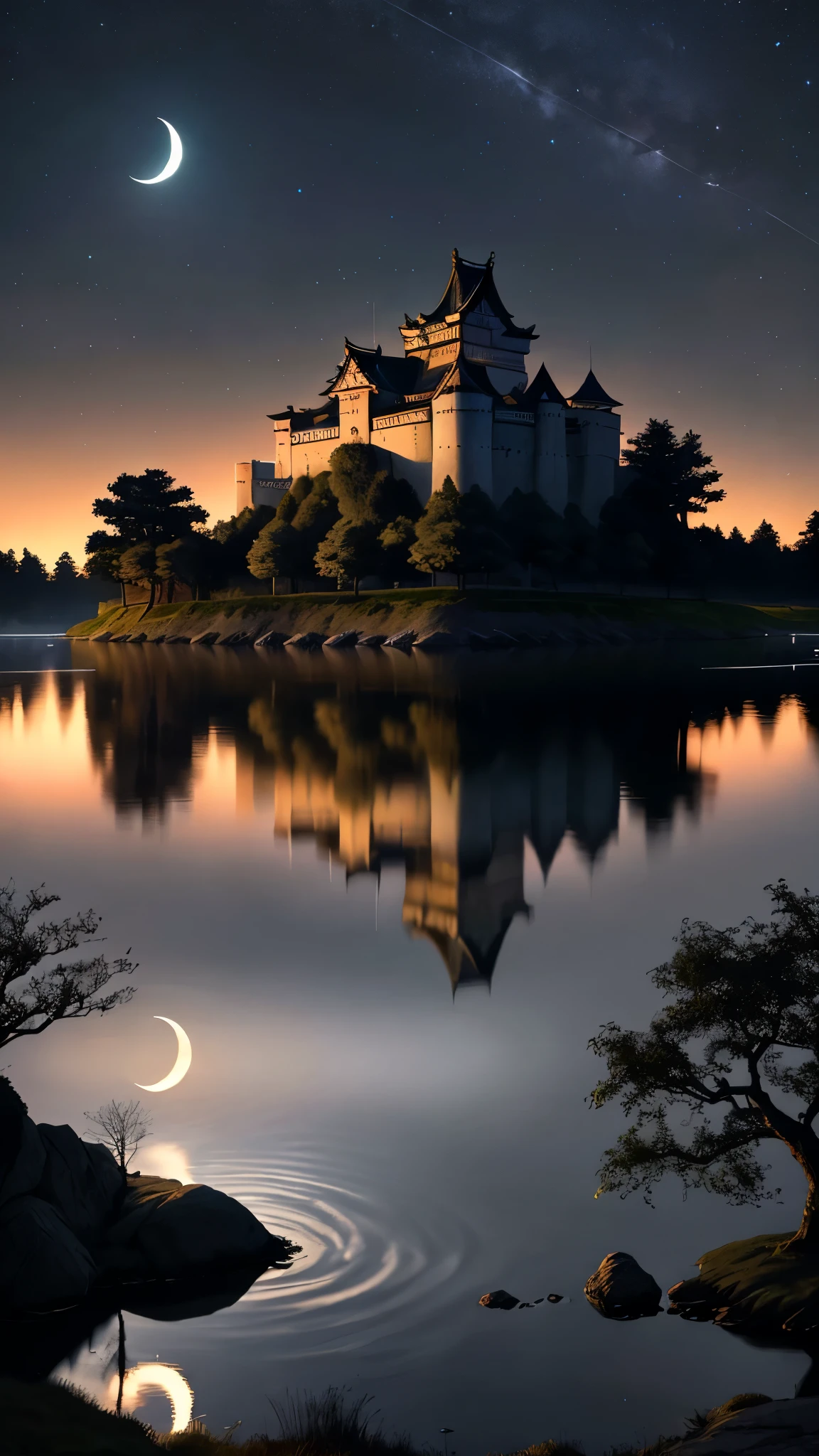 A traditional Japanese castle with multi-tiered roofs and white walls is illuminated against a dark night sky. The castle is beautifully reflected in a still body of water in front of it, creating a perfect mirror image. The crescent moon hangs in the sky to the left of the castle and is also reflected in the water. The castle is surrounded by a stone foundation, and the surrounding trees are partially visible in the background. The overall scene has a serene and mystical atmosphere, enhanced by the contrast between the illuminated castle and the dark surroundings.

