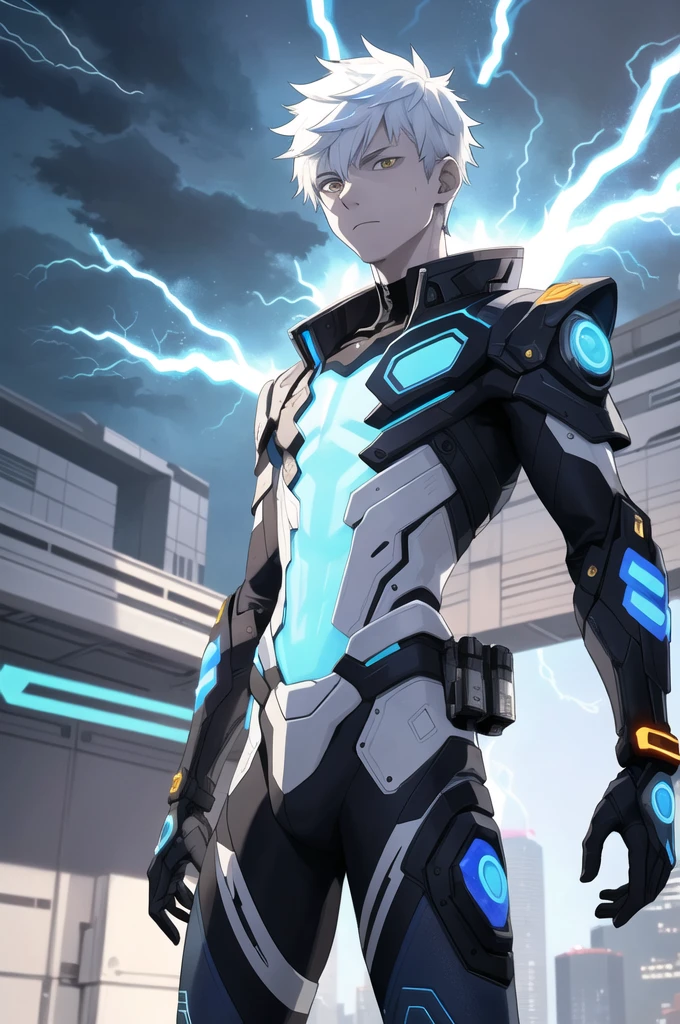 A -yeld teith an albino skin tone. He is an engineer and artificer, without facial or body hair. His hair is short and straight, colored white. The boy is wearing a futuristic cyberpunk in black and blue, futuristic style clothes, adorned with white lightning patterns. He is surrounded by an aura of white lightning, with a background featuring a scenery of rapid lightning and thunder. Thunder powers.