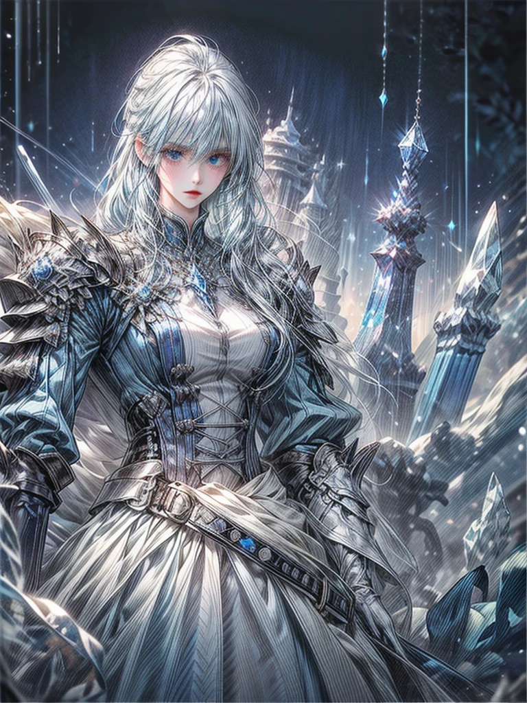 One beautiful woman、whole body、Standing posture、front、Transparent light blue hair、crystalのように輝く髪、Blue eyes that shine like jewels、Combat Uniform、Have a weapon、Slender、Slender、Highest quality、Super detailed、masterpiece、crystal、Ice and snow effect
