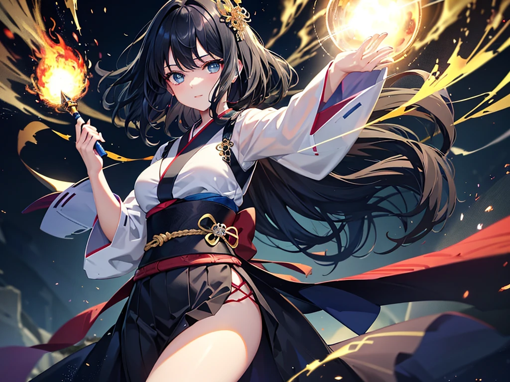 Super detailed, Pixel perfect, High resolution, Highest quality, Beautifully drawn eyes in every detail), (whole body:0.8), 19 year old anime girl, 短いBlack Hair, Wavy Hair, Parted bangs, Black Hair, Gradient Hair Color, Flowing crimson hair dances like flames, Red flames swirl around her body. (transparent:0.7), Her overwhelming aura in a kimono is on full display (dangerous and terrifying aura), dangerous, She has a magic wand, Activates a powerful explosive spell, Great magician, Green Eyes, Strong and heavy steel armor, Prestigious, realistic fire, The background is full of magical particles and realistic blue flames. Lens flare, Shining Light, reflected light, Motion Blur, 8K, Super detailed, Accurate, Highest quality, Ray Tracing.