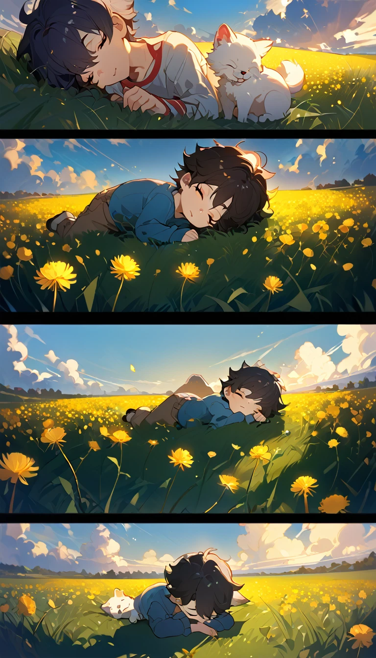 masterpiece, best quality, 8k, 4k, 1boy, kid, sleeping, dark blue hair with red stripes, blue long sleeve shirt, short pale brown pants with pocket, lay down on the field, a small white furry puppy sleeping next to the boy, cute round siberian white puppy, dandelions fields, dandelions Taraxacum erythrosperm, wind blowing, sleeping on the fields, finely detailed eyes and detailed face, inspired by Asukaziye artist : ask, art style : ask