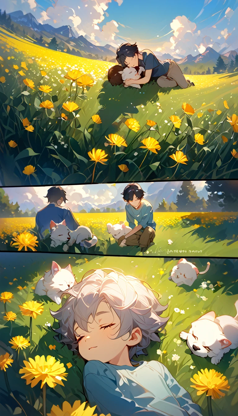masterpiece, best quality, 8k, 4k, 1boy, ???, sleeping, dark blue hair with red stripes, blue long sleeve shirt, short pale brown pants with pocket, lay down on the field, a small white furry puppy sleeping next to the boy, cute round siberian white puppy, dandelions fields, dandelions Taraxacum erythrosperm, wind blowing, sleeping on the fields, finely detailed eyes and detailed face, inspired by Asukaziye artist : ask, art style : ask
