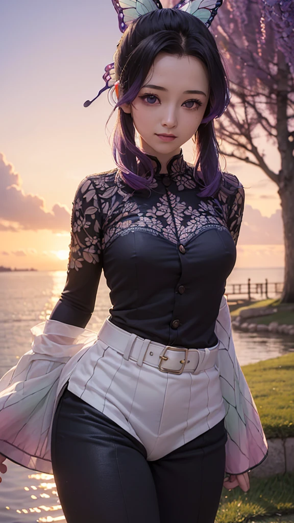 Ultra-realistic 8k CG,masterpiece,((ultra-detailed background, delicate pattern, intricate details)),best quality,very detailed face,extremely detailed eyes and face,extremely detailed eyes,kochou shinobu,multicolored hair,no bangs,hair intakes,purple eyes,forehead,black shirt,black pants,haori,butterfly,buttons,belt,(Garden:1.2),purple flower,chibi,cloudy sky,sunlight,Tindal effect,gradient_sky,face,Gorgeous sky,Waist Sabre,Charming posture, standing, idle, hand on hip