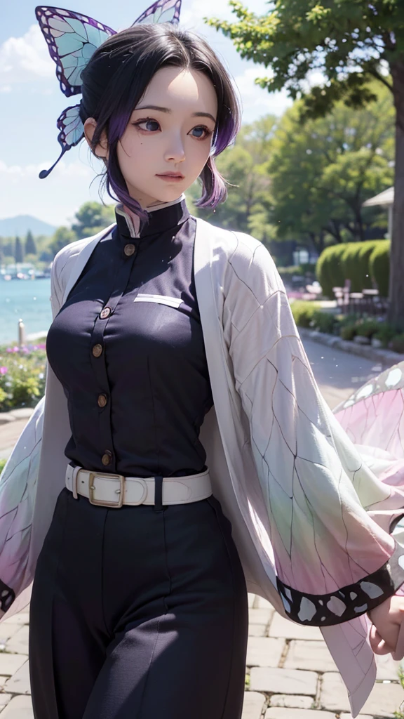 Ultra-realistic 8k CG,masterpiece,((ultra-detailed background, delicate pattern, intricate details)),best quality,very detailed face,extremely detailed eyes and face,extremely detailed eyes,kochou shinobu,multicolored hair,no bangs,hair intakes,purple eyes,forehead,black shirt,black pants,haori,butterfly,buttons,belt,(Garden:1.2),purple flower,chibi,cloudy sky,sunlight,Tindal effect,gradient_sky,face,Gorgeous sky,Waist Sabre,Charming posture, standing, idle, hand on hip