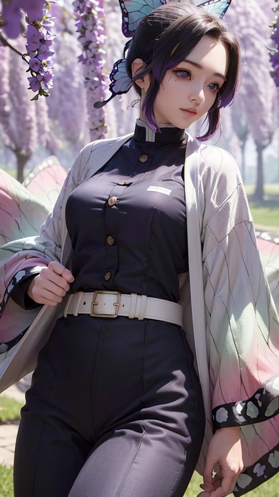 Ultra-realistic 8k CG,masterpiece,((ultra-detailed background, delicate pattern, intricate details)),best quality,very detailed face,extremely detailed eyes and face,extremely detailed eyes,kochou shinobu,multicolored hair,no bangs,hair intakes,purple eyes,forehead,black shirt,black pants,haori,butterfly,buttons,belt,(Garden:1.2),purple flower,chibi,cloudy sky,sunlight,Tindal effect,gradient_sky,face,Gorgeous sky,Waist Sabre,Charming posture, standing, idle, hand on hip