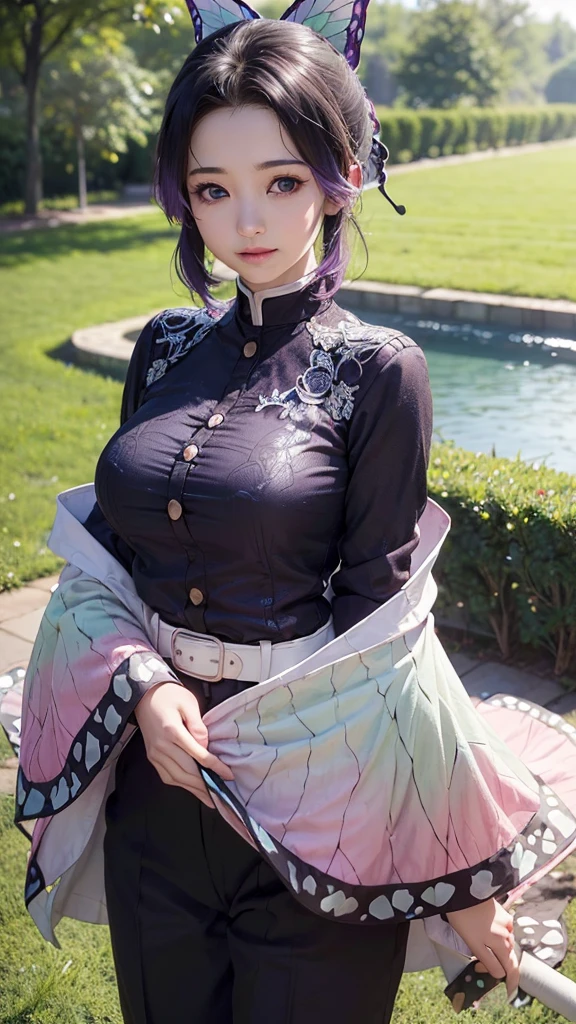 Ultra-realistic 8k CG,masterpiece,((ultra-detailed background, delicate pattern, intricate details)),best quality,very detailed face,extremely detailed eyes and face,extremely detailed eyes,kochou shinobu,multicolored hair,no bangs,hair intakes,purple eyes,forehead,black shirt,black pants,haori,butterfly,buttons,belt,(Garden:1.2),purple flower,chibi,cloudy sky,sunlight,Tindal effect,gradient_sky,face,Gorgeous sky,Waist Sabre,Charming posture, standing, idle, hand on hip