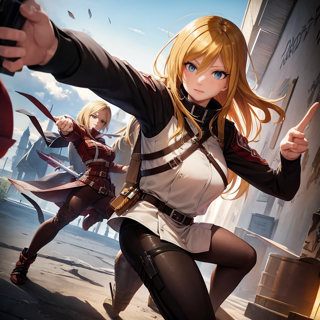 Your influencer character(milf with blond hair) standing next to Mikasa Ackerman from Attack on Titan. Both are making a victory sign. Detailed anime style with vibrant colors and dynamic perspective.