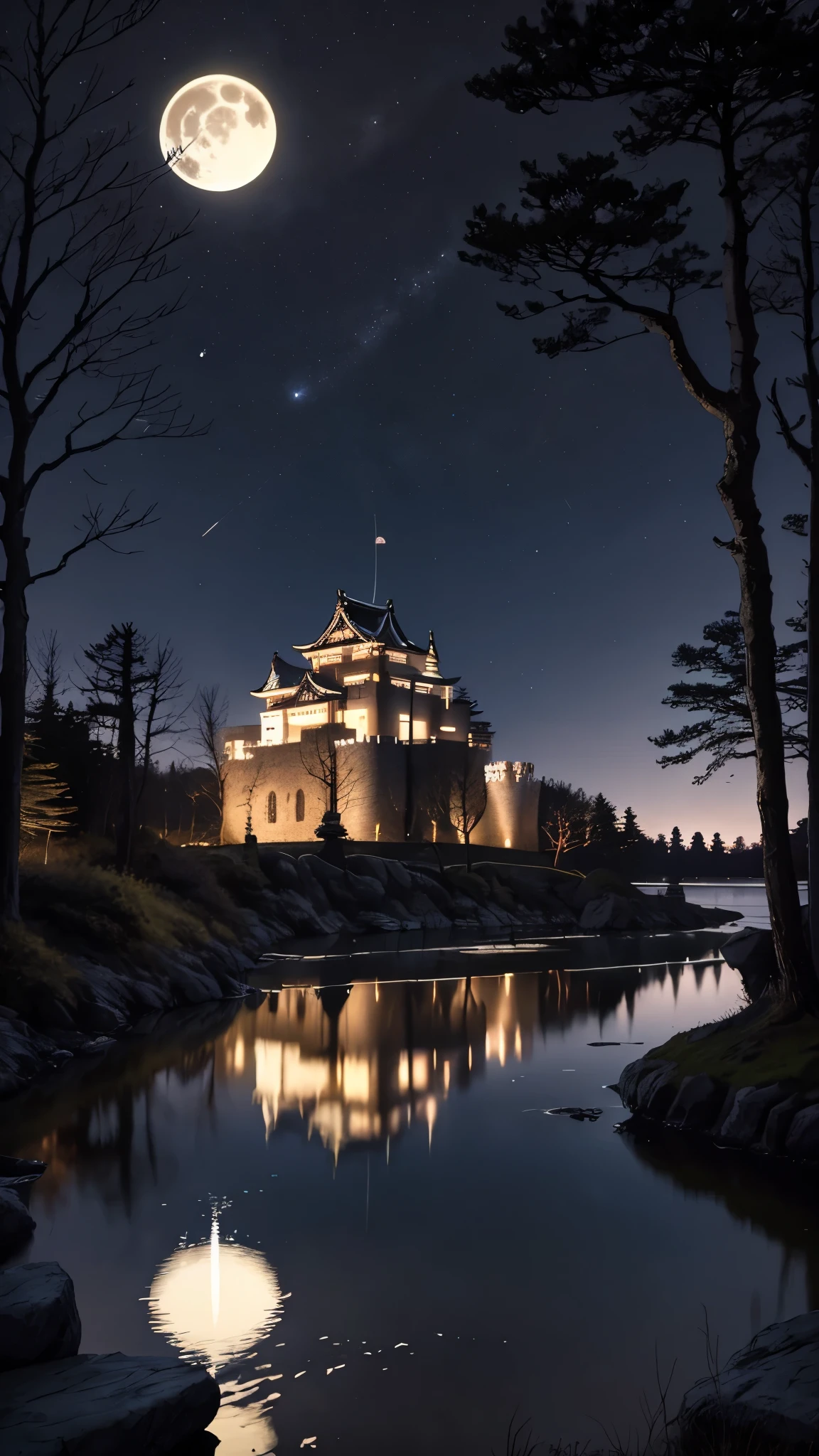 A traditional Japanese castle with multi-tiered roofs and white walls is illuminated against a dark night sky. The castle is beautifully reflected in a still body of water in front of it, creating a perfect mirror image. The crescent moon hangs in the sky to the left of the castle and is also reflected in the water. The castle is surrounded by a stone foundation, and the surrounding trees are partially visible in the background. The overall scene has a serene and mystical atmosphere, enhanced by the contrast between the illuminated castle and the dark surroundings.