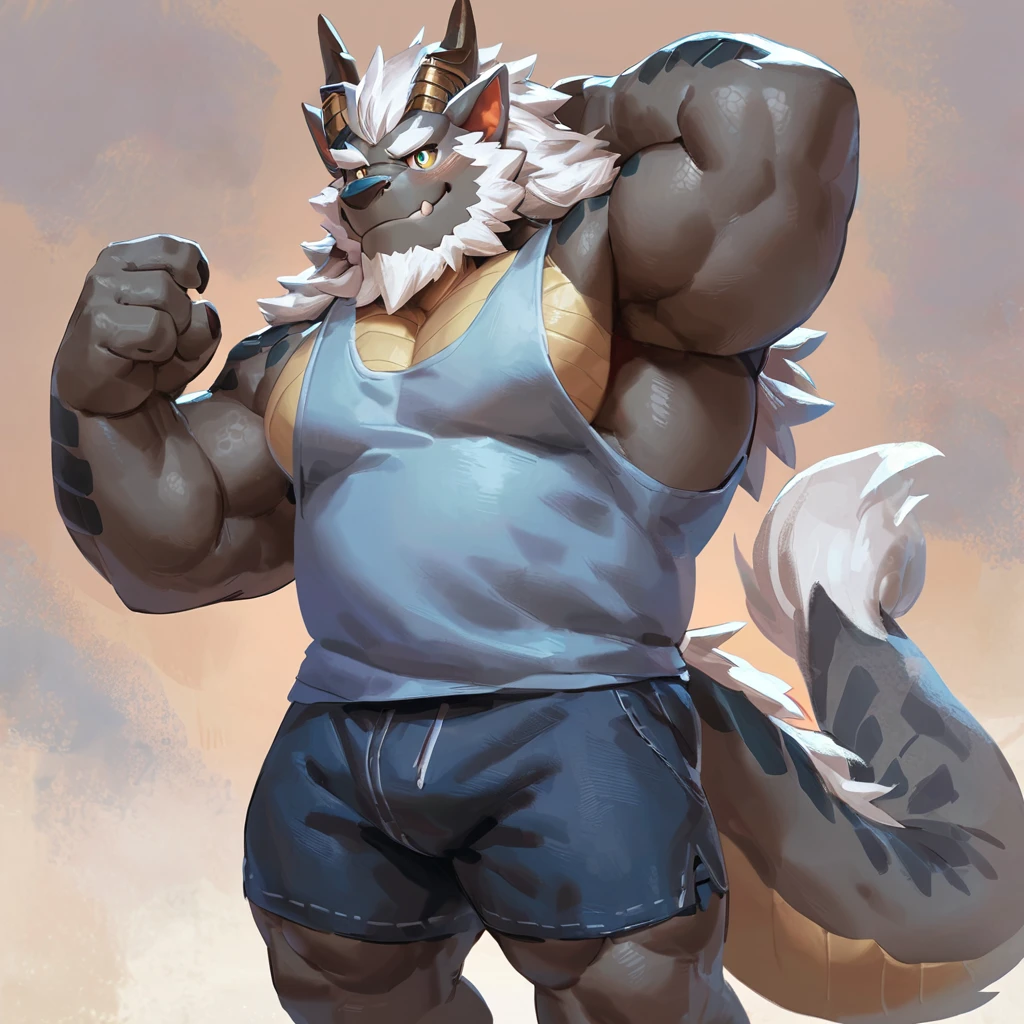 (artist: noku13456, jacketbear, dangpa, null-ghost, lindong, takahirosit),male, sfw, eastern dragon, , bara, big chest, simple bg, one fluffy tail, old man, fluffy mane, , grey body, white hair, solo, scales, detailed scales, tank top, jeans shorts, dragon horns, yellow iris, big eyes, white beard, fluffy hair, detailed face:2.0, one tail, masterpiece:2.0, perfect eyes:2.0, good anatomy:2.0