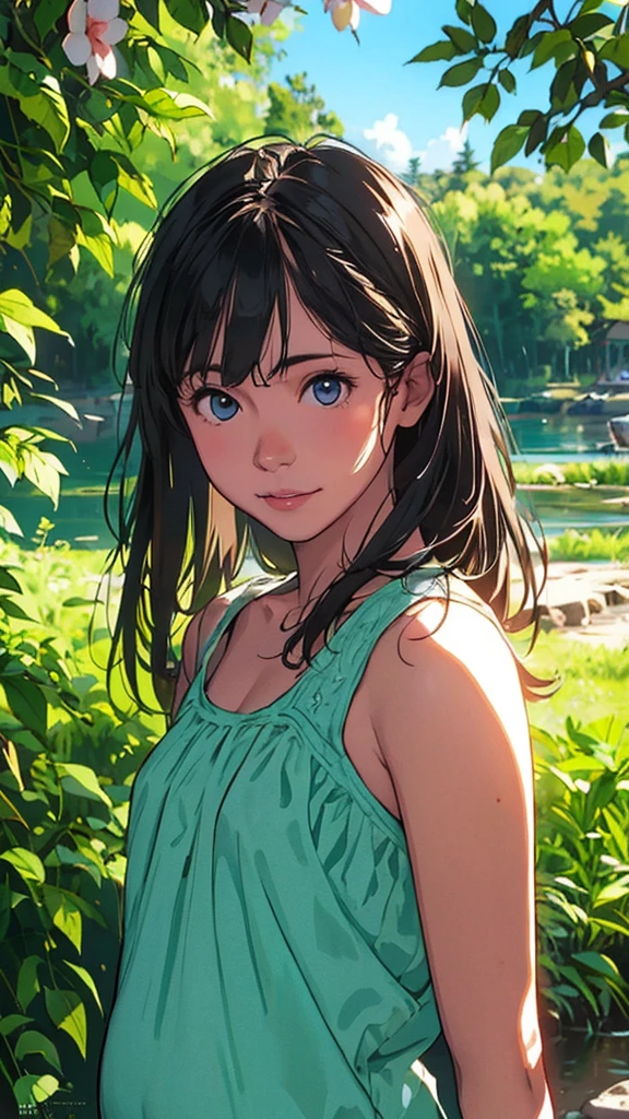 a girl in a garden, beautiful detailed eyes, beautiful detailed lips, extremely detailed eyes and face, long eyelashes, beautiful girl, photorealistic, 8k, highres, masterpiece, ultra-detailed, realistic, photo-realistic, HDR, UHD, studio lighting, ultra-fine painting, sharp focus, physically-based rendering, extreme detail description, professional, vivid colors, bokeh, portraits, colorful, mini skirt, glowing skin, natural beauty, smile, bangs, straight hair, soft and flowing hair, rural scenery, nostalgic atmosphere, playful and carefree, innocent attitude, sunny atmosphere, skirt fluttered in the wind, belly button exposed, beautiful eyes, tank top, sensual