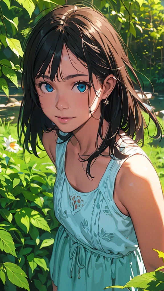 a girl in a garden, beautiful detailed eyes, beautiful detailed lips, extremely detailed eyes and face, long eyelashes, beautiful girl, photorealistic, 8k, highres, masterpiece, ultra-detailed, realistic, photo-realistic, HDR, UHD, studio lighting, ultra-fine painting, sharp focus, physically-based rendering, extreme detail description, professional, vivid colors, bokeh, portraits, colorful, mini skirt, glowing skin, natural beauty, smile, bangs, straight hair, soft and flowing hair, rural scenery, nostalgic atmosphere, playful and carefree, innocent attitude, sunny atmosphere, skirt fluttered in the wind, belly button exposed, beautiful eyes, tank top, sensual