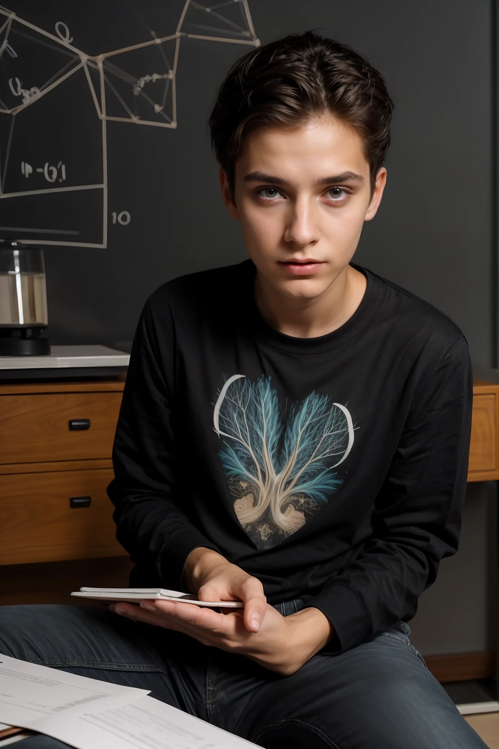 A beautiful young twink, cute male, with black hair and a face with makeup. He is wearing a long-sleeved aquamarine shirt and black jeans. He is in his luxurious scientific office, and behind him is a blackboard with neurons and calculus written on it, and he looks in amazement and shock with his eyes beneath it.  Dark circles, and he has a red face with makeup on as he sits in his office studying human medicine.