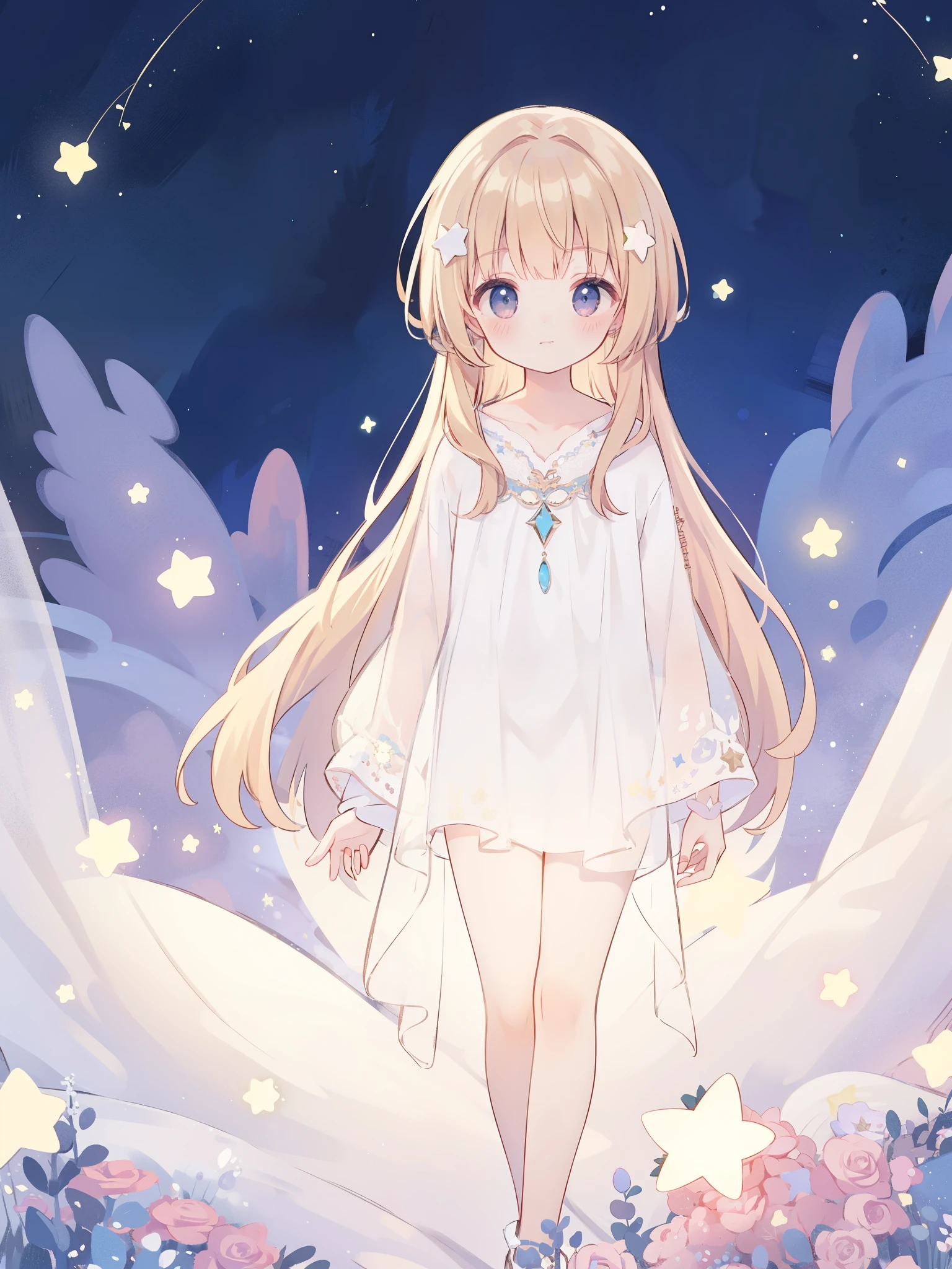 complex background, wishing star background, a woman wearing an ethereal mystical translucent dress that reflects the stars, dreamy, peaceful, serene composition, glowing stars, glowing, mystic, complex drawing, highly detailed, ethereal, starry night, midjourney style