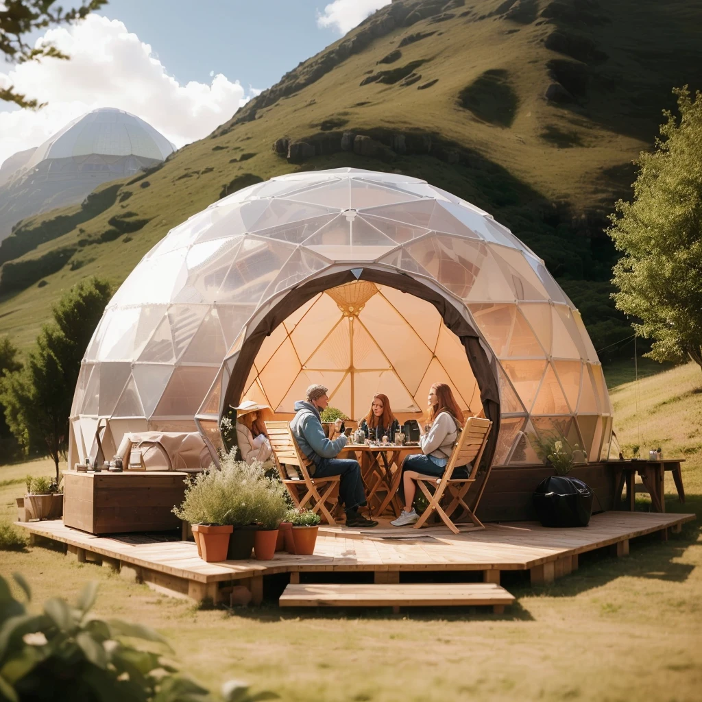 people sitting outside of a dome tent on a wooden deck, domespace, geodesic dome, geodesic domes, glamping, hexadome, dome, domes, geodesic, glass domes, dome of wonders, geodesic architecture, glass dome, geodesic building, inside a dome, biodome, fulldome