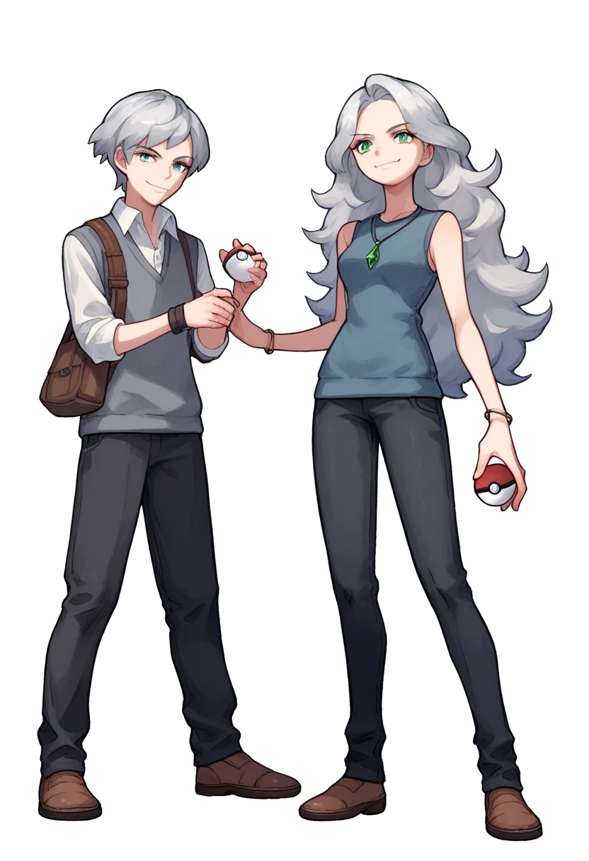 ((((white background)))), simple background, watercolor, 1 girl, standing, long hair, silver hair, light skin, smug green eyes, front view, a gray vest, under blue sweater, black pants, bracelets, brown shoe, holding a pokeball, score_9, score_8_up, score_7_up, pendant, score_6_up, score_5_up, score_4_up, BREAK anime_source, masterpiece