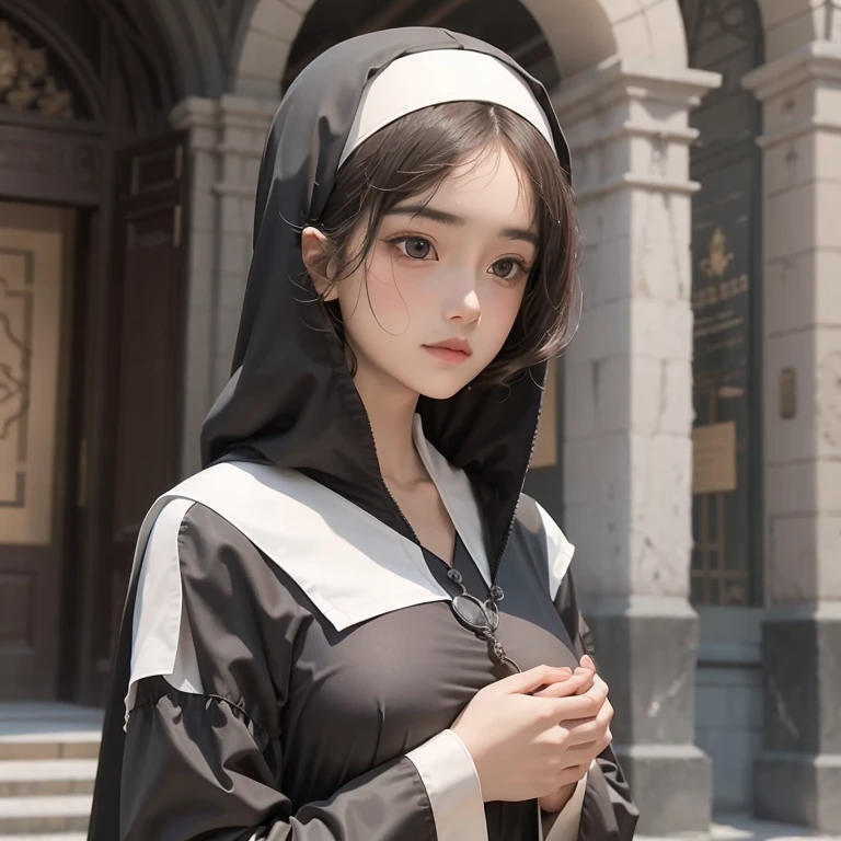 (Masterpiece, Young Nun), (High Quality, Spiritual Figure), (Female Character, Religious Icon), (Detailed Attire, Habit), (Nun's Veil, Covered Head), (Bare Neckline, Modest Plunge), (Natural Complexion, Radiant Skin), (Soft Lighting, Holy Sanctuary), (Realistic Texture, Fabric Wrinkles), (Deep Focus, Close-up Portrait), (Young Face, Innocent Expression), (Hands, Holding Rosary Beads), (Gazing into the Distance, Contemplating), (Serene Environment, Monastery), 1girl solo, full body shot