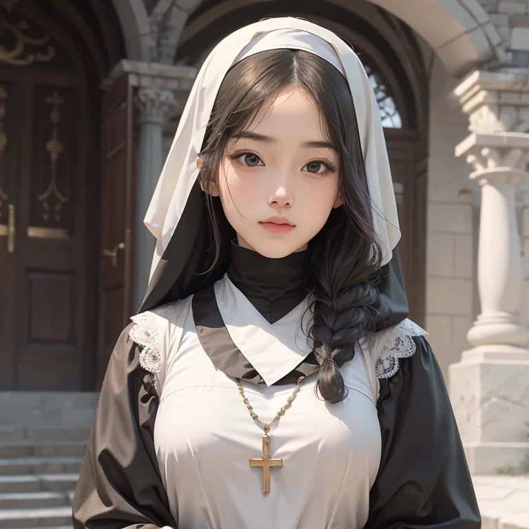 (Masterpiece, Young Nun), (High Quality, Spiritual Figure), (Female Character, Religious Icon), (Detailed Attire, Habit), (Nun's Veil, Covered Head), (Bare Neckline, Modest Plunge), (Natural Complexion, Radiant Skin), (Soft Lighting, Holy Sanctuary), (Realistic Texture, Fabric Wrinkles), (Deep Focus, Close-up Portrait), (Young Face, Innocent Expression), (Hands, Holding Rosary Beads), (Gazing into the Distance, Contemplating), (Serene Environment, Monastery), 1girl solo, full body shot