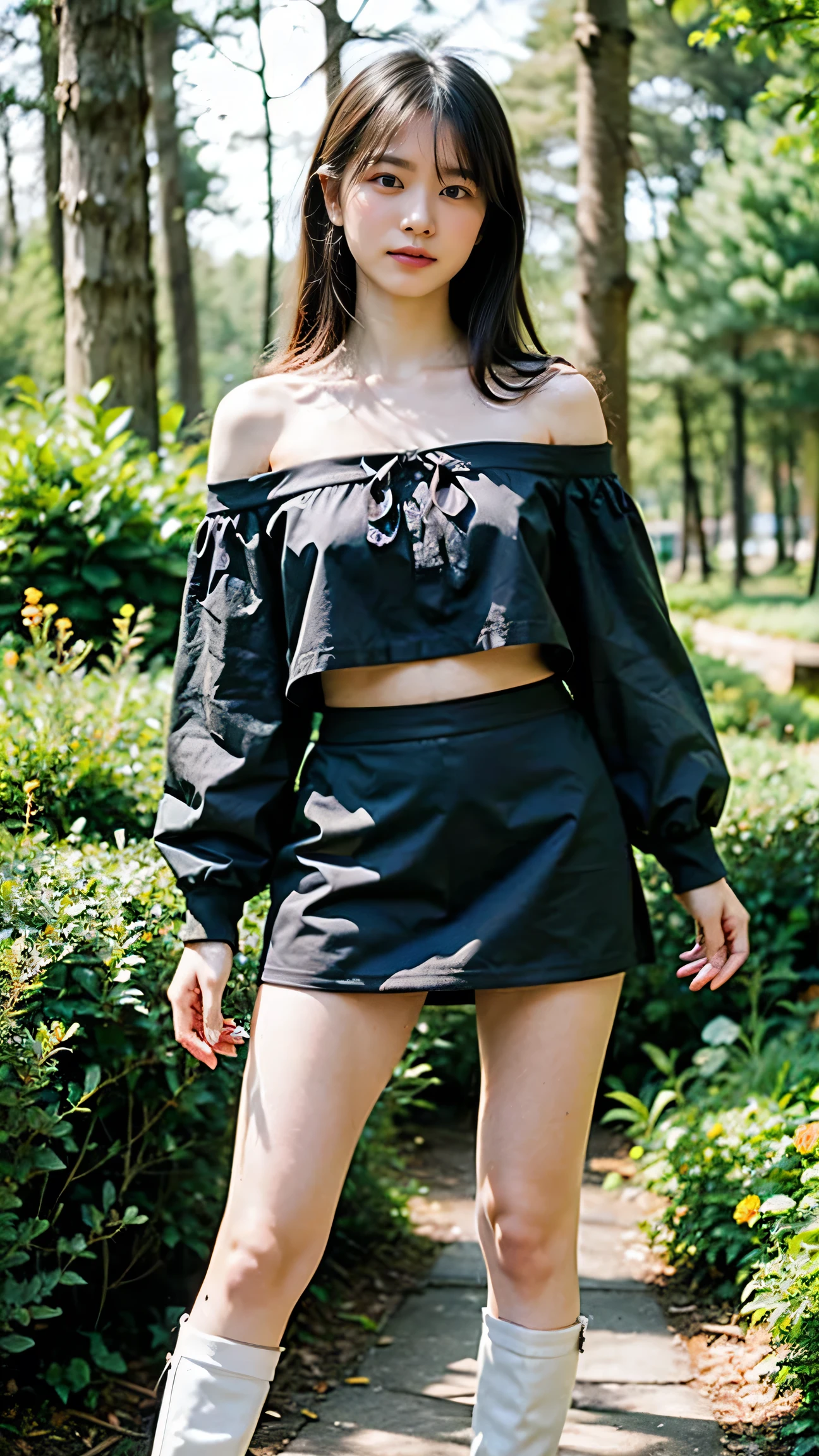 (8K、RAW Photos、Highest quality、masterpiece:1.2)、(Realistic、Photorealistic)、1 Girl、((forest、Off the shoulder、、Black Mini Skirt、Ribbon on chest、Blonde、Knee socks、boots、Big Breasts、Look forward、Are standing))、
