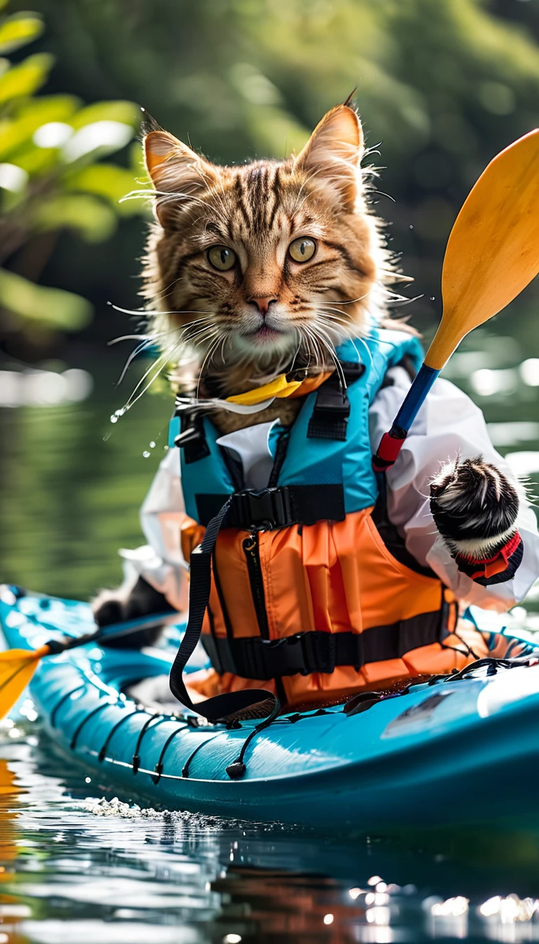 A cat wearing a life jacket is sitting in a kayak. The cat is holding a paddle with both paws, and water splashes are rising around it.