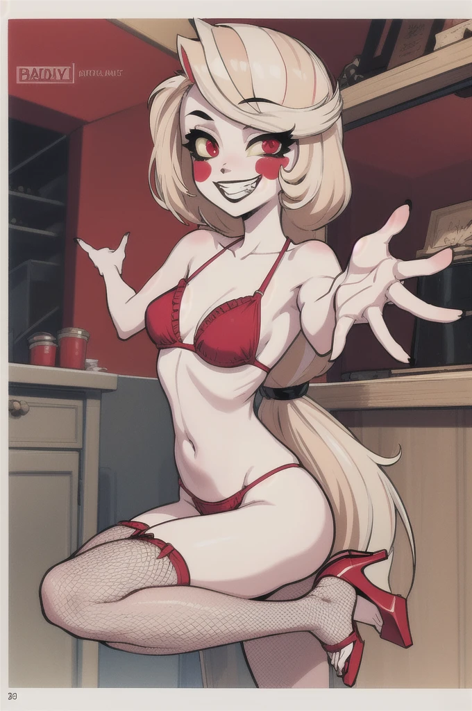 (masterpiece, best quality:1.2), solo, 1girl, charlie morningstar, colored skin, grin, looking at viewer, outstretched arms, colored sclera, red lingerie bikini, small breasts, fishnet stockings, open-toe high heels, thick thighs