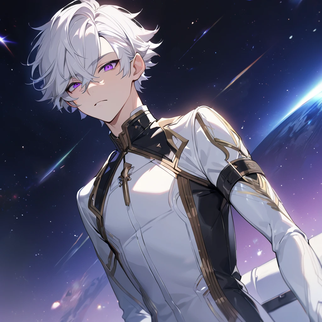 High quality, HD, 4k, handsome male, 1male, 17 years old, teenager, golden lining, short white hair, sharp eyes, dark purple eyes, deep purple eyes, devil may cry, close up, calm expression, stoic expression, black leather clothes, white leather clothing, lean body, full body, looking at viewer, cowboy shot, white solar, space background