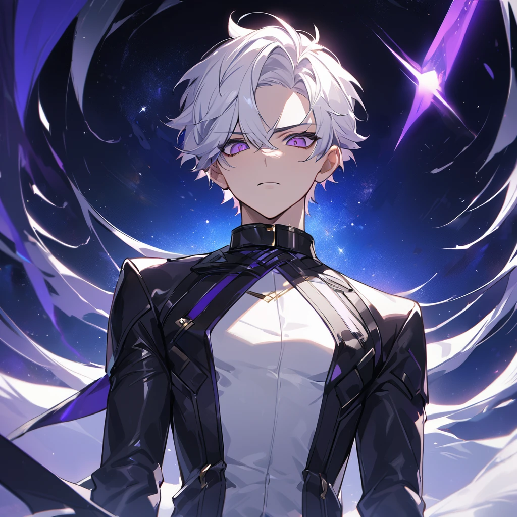 High quality, HD, 4k, handsome male, 1male, 17 years old, teenager, golden lining, short white hair, sharp eyes, dark purple eyes, deep purple eyes, devil may cry, close up, calm expression, stoic expression, black leather clothes, white leather clothing, lean body, full body, looking at viewer, cowboy shot, white solar, space background