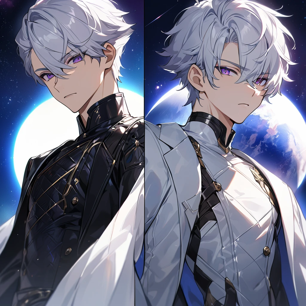 High quality, HD, 4k, handsome male, 1male, , teenager, go lining, short white hair, sharp eyes, dark purple eyes, deep purple eyes, devil may cry, close up, calm expression, stoic expression, black leather clothes, white leather clothing, lean body, full body, looking at viewer, cowboy shot, white solar, space background