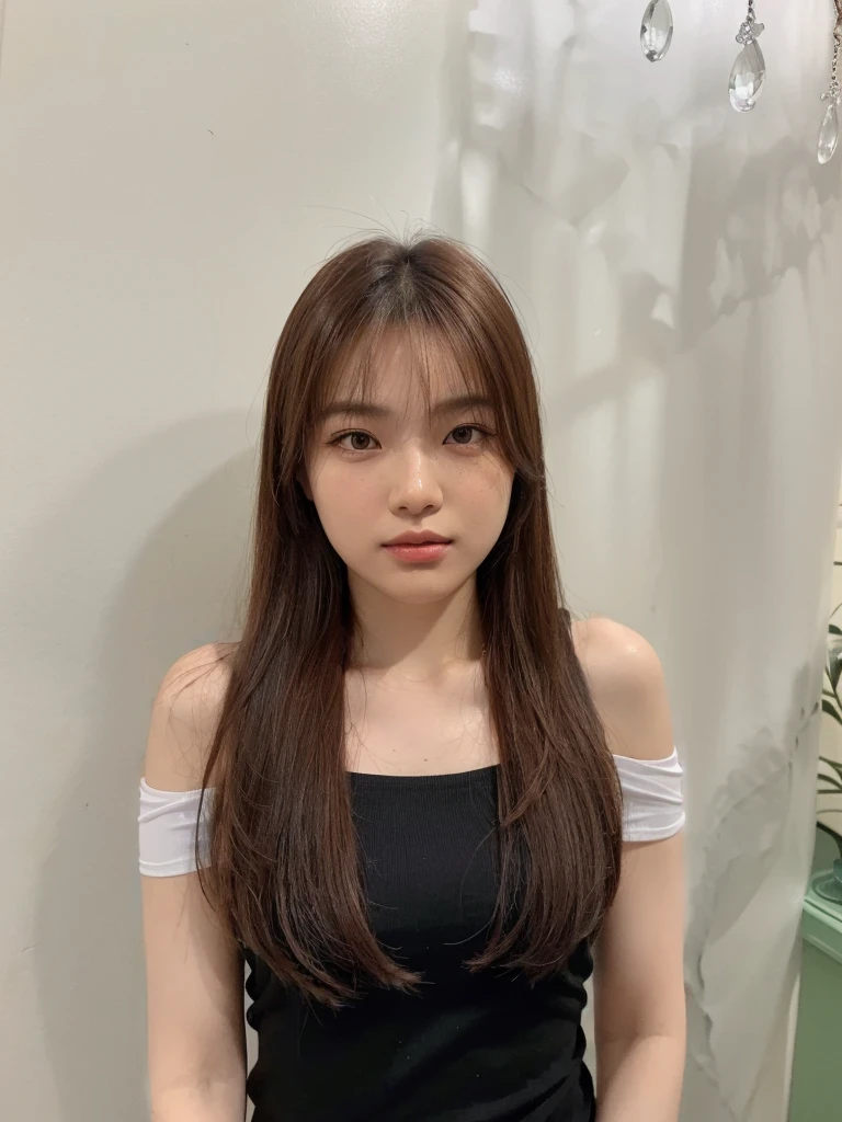 Best Quality, 8k, Masterpiece, (Portrait: 1.3), (photo realistic:1.4), (hyper realistic:1.4), Sharp Focus, looking at viewer, (smoother lighting:1.1), (increase cinematic lighting quality:0.9), realistic lighting, backlighting, light on face, ray trace, (brightening light:1.2), (Increase quality:1.4), sharp detail, (best quality real texture skin:1.4), finely detailed eyes, black_eyes, finely detailed face, 25 year old Korean woman, (black off-shoulder_shirt:1.4), (Create an image maintaining the original base model hairstyle:1.5)