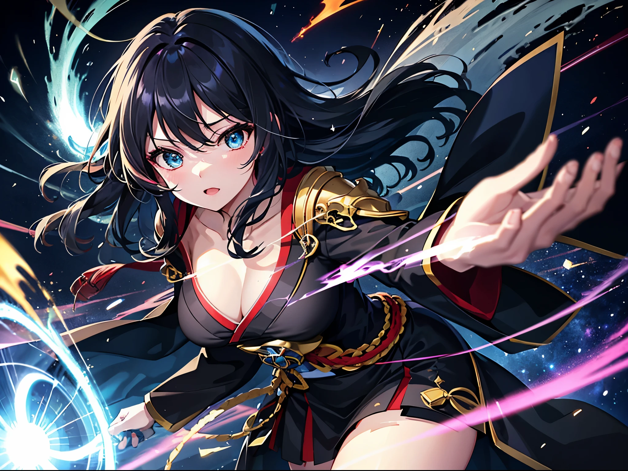 Super detailed, Pixel perfect, High resolution, Highest quality, Beautifully drawn eyes in every detail), (whole body:0.8), 19 year old anime girl, 短いBlack Hair, Wavy Hair, Parted bangs, Black Hair, Gradient Hair Color, Flowing crimson hair dances like flames, Red flames swirl around her body. (transparent:0.7), Her overwhelming aura in a kimono is on full display (dangerous and terrifying aura), dangerous, She has a magic wand, Activates a powerful explosive spell, Great magician, Green Eyes, Strong and heavy steel armor, Prestigious, realistic fire, The background is full of magical particles and realistic blue flames. Lens flare, Shining Light, reflected light, Motion Blur, 8K, Super detailed, Accurate, Highest quality, Ray Tracing.