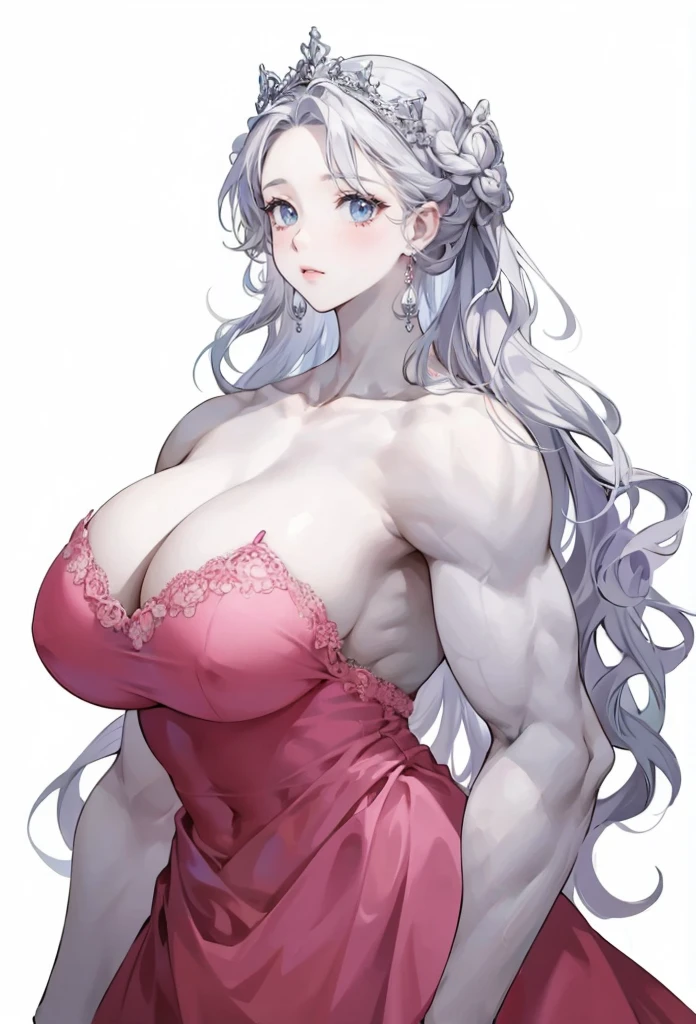   white skin girl,pecs,muscular female,muscular girl, alternate muscle size, pink princess gown with delicate lace,upper body,muscular shoulder