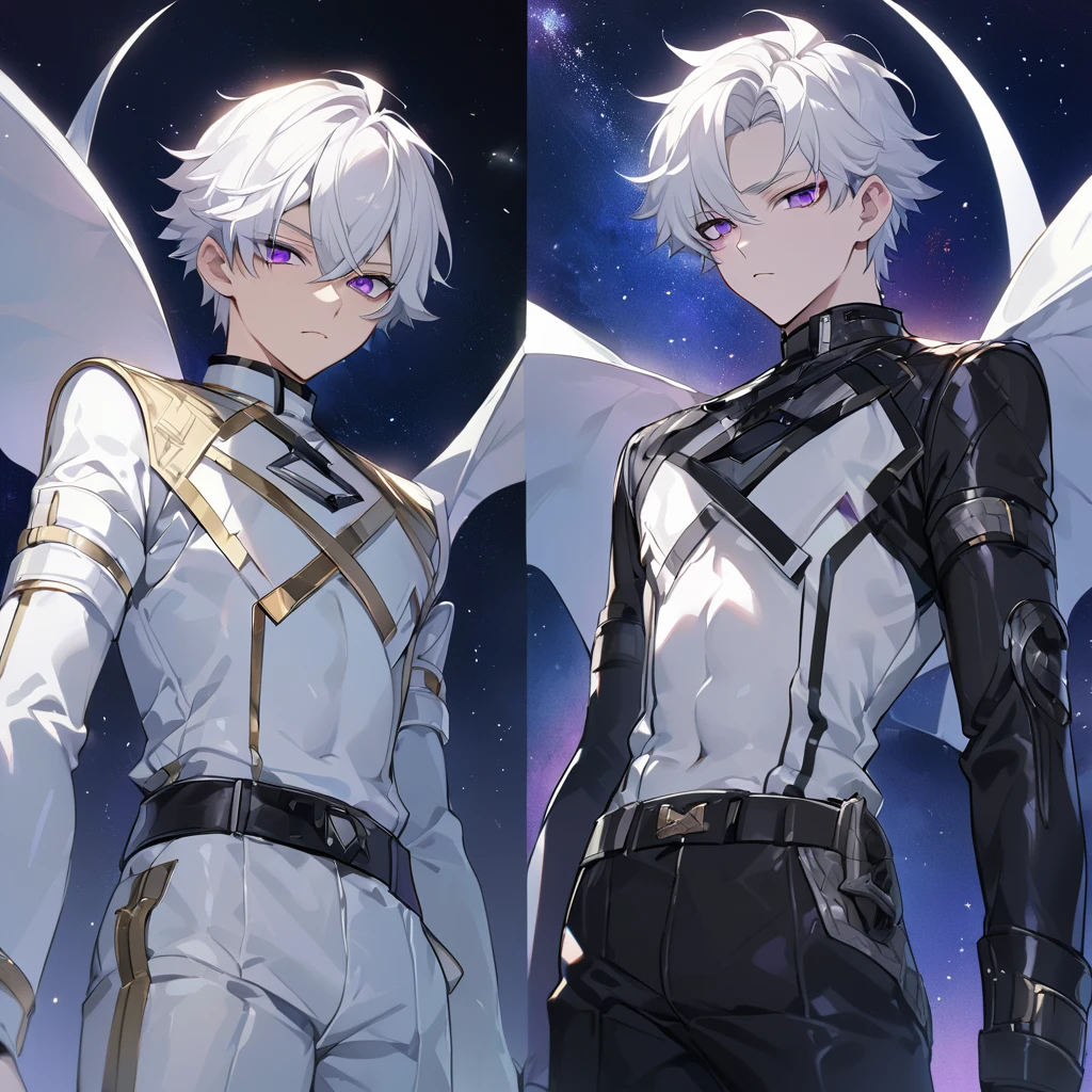 High quality, HD, 4k, handsome male, 1male, , teenager, golden lining, short white hair, sharp eyes, dark purple eyes, deep purple eyes, devil may cry, close up, calm expression, stoic expression, black leather clothes, white leather clothing, lean body, full body, looking at viewer, cowboy shot, white solar, space background