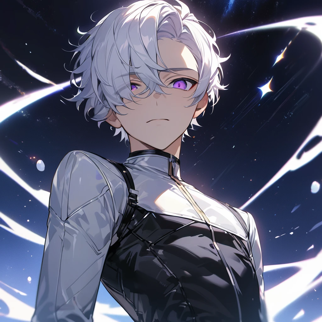High quality, HD, 4k, handsome male, 1male, , teenager, golden lining, short white hair, sharp eyes, dark purple eyes, deep purple eyes, devil may cry, close up, calm expression, stoic expression, black leather clothes, white leather clothing, lean body, full body, looking at viewer, cowboy shot, white solar, space background