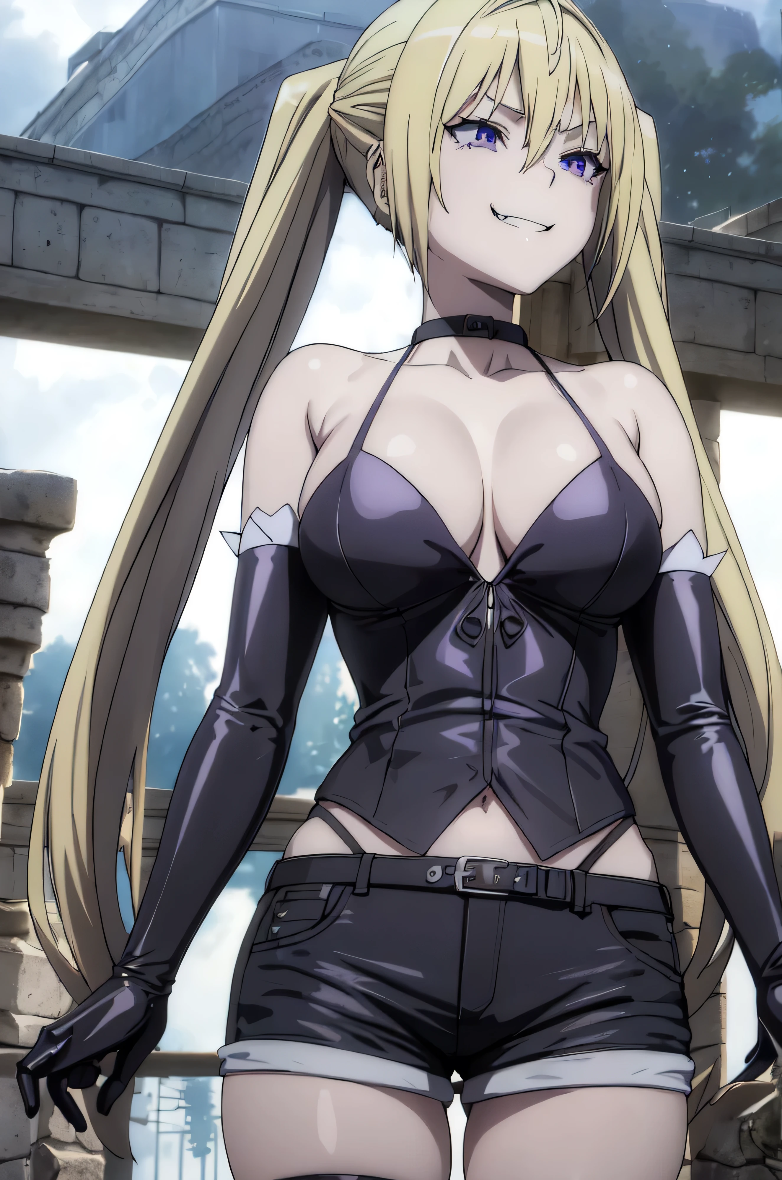 (masterpiece, best quality), 1girl, lieselotte sherlock,high quality, extremely detailed, ,(dark and stormy skies, lightning)(masterpiece:1.0),(Highest_quality:1.0), 超High resolution,4k,Super detailed, photo shoot, 8K, HDR, High resolution, disorganized:1.2, twintail,,looking at viewer,latex,elbow gloves,,, ,official art,short pants,(beautiful_face:1.5),(narrow_waist),,Highly detailed CG Unity 8K wallpaper, perfect lighting,laugh at,evil smile,evil smirk,looking down at viewer,upper body,smile bad,deep shaded face,evil fall,