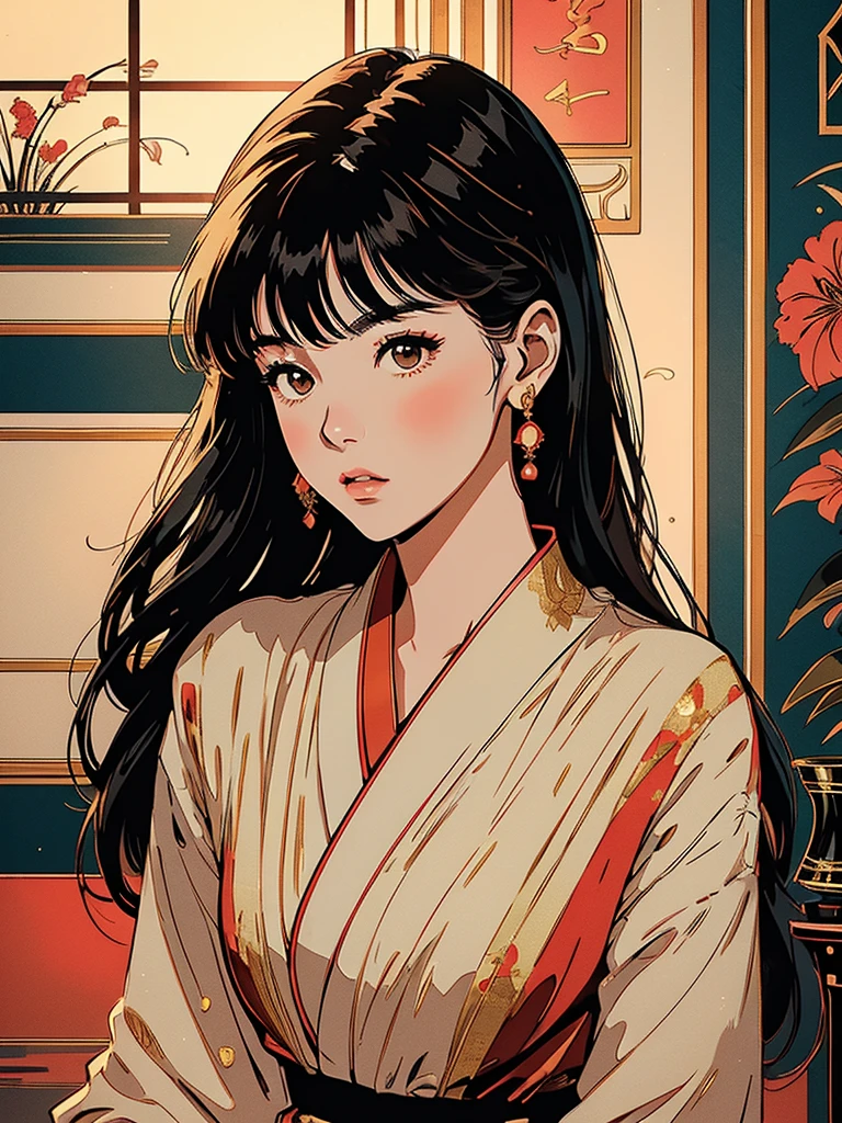 cool beauty japanese girl, luxurious and realistic aesthetic. Emphasize a color palette of red & white, and gold. Incorporate lifelike illustrations of the major fragrance notes: lily of the valley, and amber, with a touch of smoky accents to evoke the fragrance's essence. Use soft, warm lighting to bring out the richness and professional quality of the design.