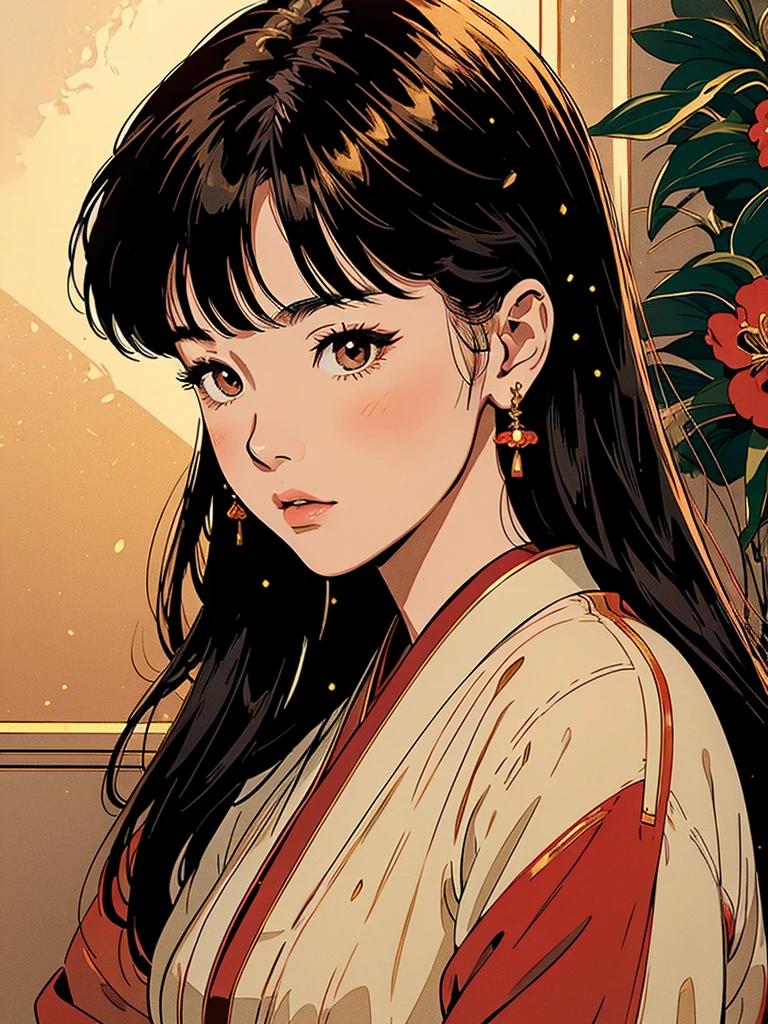 cool beauty japanese girl, luxurious and realistic aesthetic. Emphasize a color palette of red & white, and gold. Incorporate lifelike illustrations of the major fragrance notes: lily of the valley, and amber, with a touch of smoky accents to evoke the fragrance's essence. Use soft, warm lighting to bring out the richness and professional quality of the design.