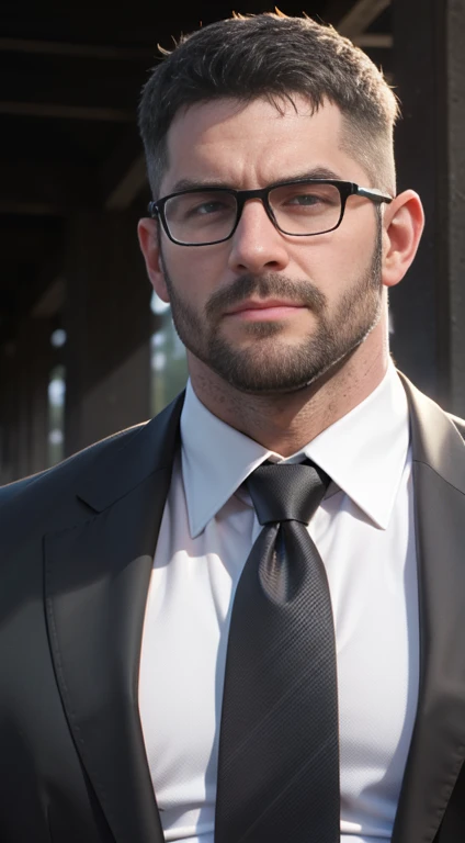 An award-winning original photo,A wild muscular man, (40 years old daddy:1.1), 1boy, Solo, (black suit), (white dress shirt), (red print necktie), (big shoulders), musculature, stubbles, Short beard, squinting eyes under the sunlight:1.3, ), (Detailed face:1.3), wearing glasses, slight smirk, Dynamic Angle, volumetric lighting, (Best quality, A high resolution, Photorealistic), Cinematic lighting, Masterpiece, RAW photo, Intricate details, hdr, depth of field, upper body shot