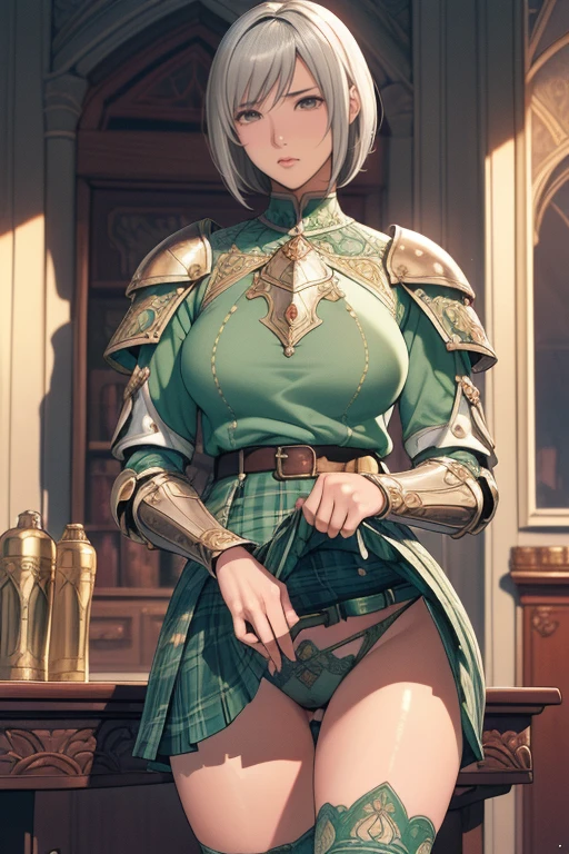 {best quality}, {very aesthetic}, {ultra-detailed}, {best illustration}, masterpiece,(((skirt lift:1.5))),((show off plaid pattern panties)),garter belt,((Holy Knight)), ((Armor made of green))、((((Extremely detailed and intricately decorated armour:1.1)))),Red Cowboy Shot,Smooth udder、Big Tits、(Golden Ratio,Tabletop, Highest quality, Highest quality, Official Art, beautifully、beautiful:1.2), Very detailed, colorful,Best details,An illustration, Great scene, (Adult,19 years old,One Girl, alone, Final Fantasy 12,Asheria:1.5, Asheria:1.5, Asheria:1.5, short hair, short hair,Bobcut,Silver Hair:1.2,Asheria Costume:1.5, Asheria Costume:1.5, mini skirt,Knee socks, Thighs Thighs Thighs Thighs, gem, Blue Belt,Belt number 1),Course of action, A look of contempt ,