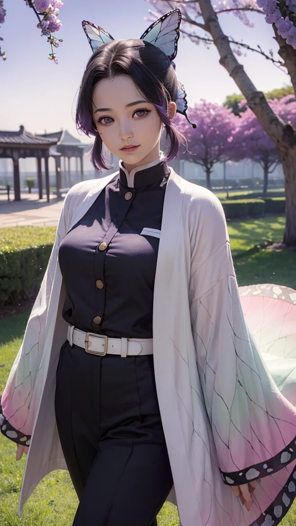 Ultra-realistic 8k CG,masterpiece,((ultra-detailed background, delicate pattern, intricate details)),best quality,very detailed face,extremely detailed eyes and face,extremely detailed eyes,kochou shinobu,multicolored hair,no bangs,hair intakes,purple eyes,forehead,black shirt,black pants,haori,butterfly,buttons,belt,(Garden:1.2),purple flower,chibi,cloudy sky,sunlight,Tindal effect,gradient_sky,face,Gorgeous sky,Waist Sabre,Charming posture, standing, idle, hand on hip
