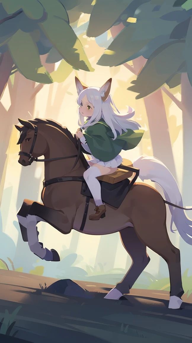 nsfw, 1 female fox, straight long white hair, green cloak, white skirt, riding on rocking horse,, ambient light, full body, masterpiece, high quality, high-details, best quality, 