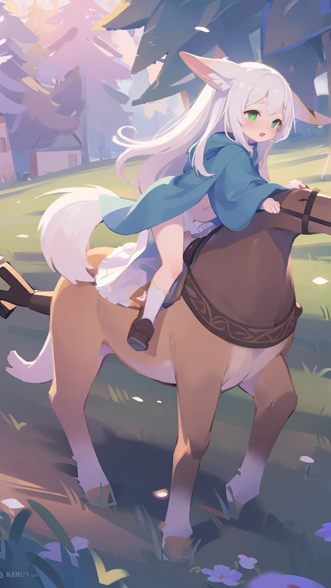 nsfw, 1 female fox, straight long white hair, green cloak, white skirt, riding on rocking horse,, ambient light, full body, masterpiece, high quality, high-details, best quality, 