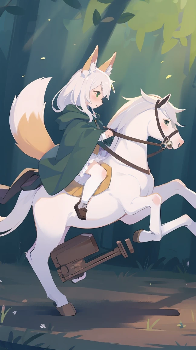 nsfw, 1 female fox, straight long white hair, green cloak, white skirt, riding on rocking horse,, ambient light, full body, masterpiece, high quality, high-details, best quality,