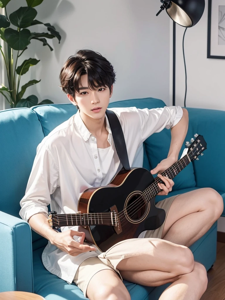 Create images with 8k clarity.,
It&#39;s a virtual image., High definition photos, 
It is a 180 degree wide viewing angle., 
It is a picture of a 30 year old young man., 
Good looks, white skin, white face, 
I am half Thai and half South Korean., 
Keep your hair in a low style., 
Have cute bangs., 
South Korean singer style, 
sitting and playing a red acoustic guitar, 
At the blue sofa in the modern bedroom., 
pastel tones