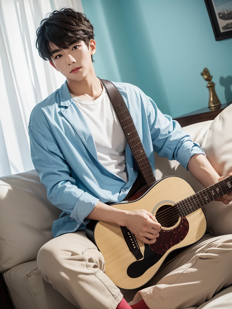 Create images with 8k clarity.,
It&#39;s a virtual image., High definition photos, 
It is a 180 degree wide viewing angle., 
It is a picture of a 30 year old young man., 
Good looks, white skin, white face, 
I am half Thai and half South Korean., 
Keep your hair in a low style., 
Have cute bangs., 
South Korean singer style, 
sitting and playing a red acoustic guitar, 
At the blue sofa in the modern bedroom., 
pastel tones