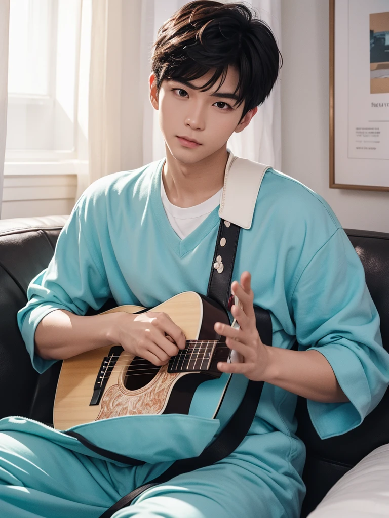 Create images with 8k clarity.,
It's a virtual image., High definition photos,
It is a 180 degree wide viewing angle.,
It is a picture of a 30 year old young man.,
Good looks, white skin, white face,
I am half Thai and half South Korean.,
Keep your hair in a low style.,
Have cute bangs.,
South Korean singer style,
sitting and playing a red acoustic guitar,
At the blue sofa in the modern bedroom.,
pastel tones