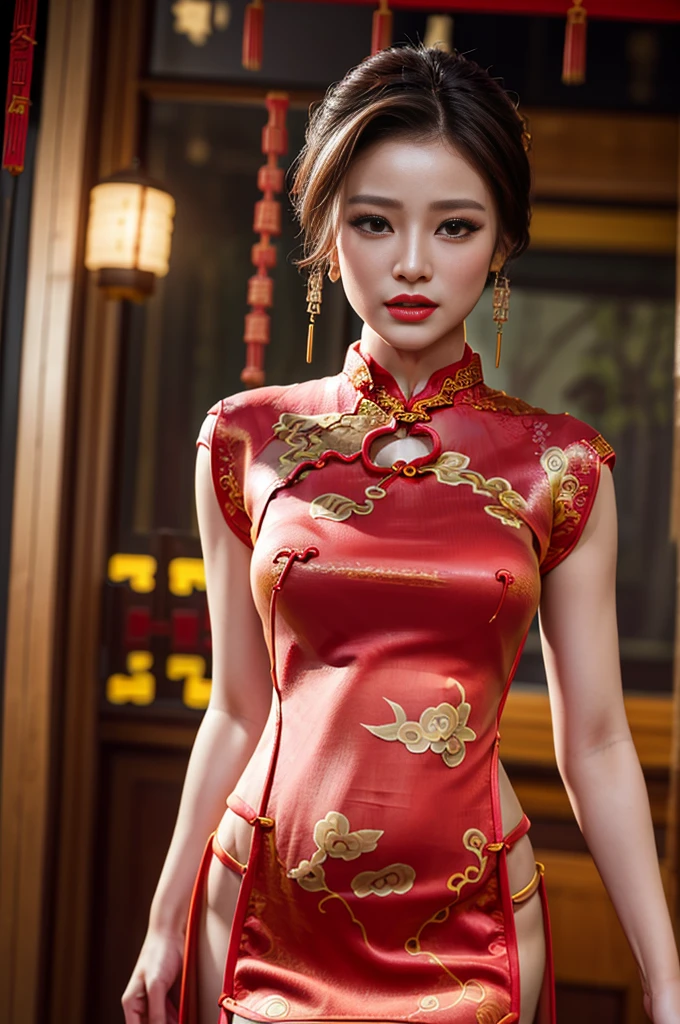 Half-length portrait:1.3，Wearing(Tight cheongsam:1.7)Beautiful woman，Ideal proportions，Full breasts，Slim waist，Plump buttocks，White skin，Surrounded by accessories，In a crowded Chinese restaurant，(Best quality，4K，8K，high resolution，masterpiece:1.2)，Ultra Detailed，(lifelike，照片般lifelike，照片般lifelike:1.37)，Delicate eyes，Delicate lips，Extremely detailed face，Long eyelashes，Intricate details，Gorgeous accessories，Gorgeous decoration，Warm Lights，Vibrant colors，Dramatic lighting，Atmospheric，Movie-like，Award-winning photography