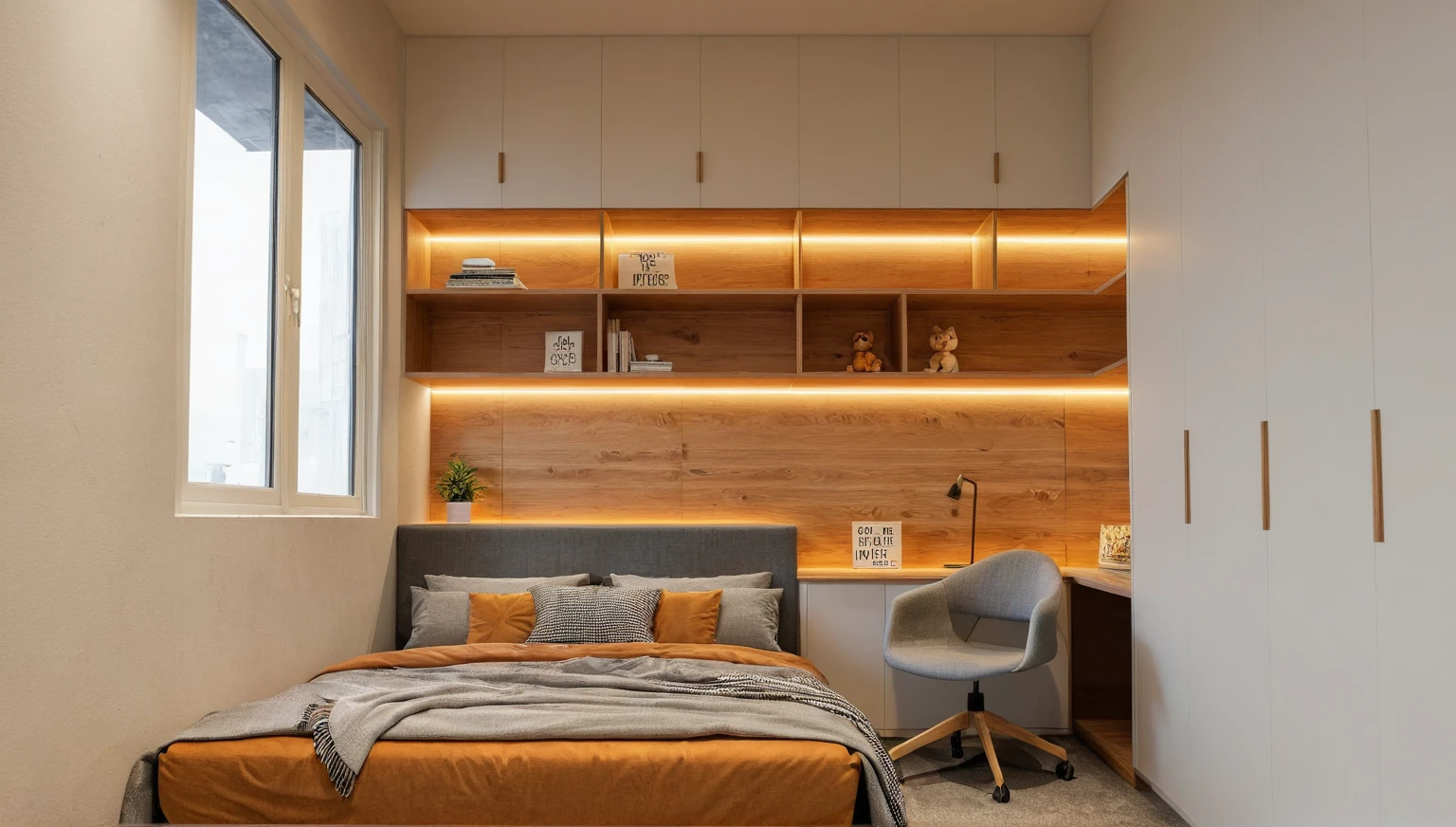 High quality, detailed, raw,.
kids room,bed room,lamp,carpet,toy,plant,colorful,Window on the left, wardrobe on the right, bright LED light,gentle decor