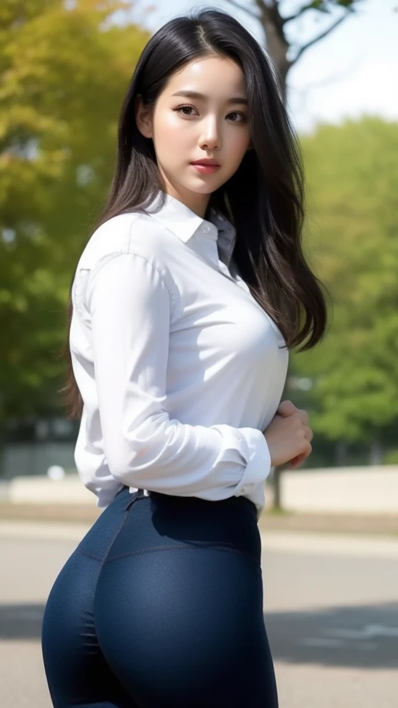 Close up of woman in blue leggings posing for photo, Korean girl in tight simple clothes, beautiful Korean woman, 35 years old, gorgeous young Korean woman, Korean woman in tight shirt, thin waist and thick hips, tight outfit, pink tight shirt, beautiful young Korean woman, photo of slim female model, nice hips and long legs, park background