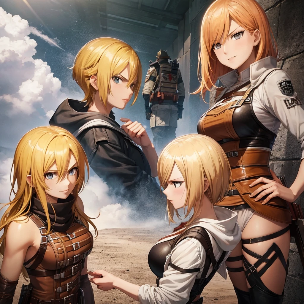 Your influencer character(milf with blond hair) standing next to Mikasa Ackerman from Attack on Titan. Both are smiling. Detailed anime style with vibrant colors and dynamic perspective.